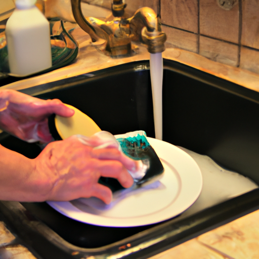 A person washing cookware with a sponge and dish soap.