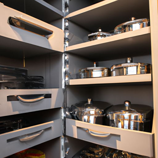 A well-organized kitchen cabinet with stackable organizers and protective liners, demonstrating proper storage techniques for luxury cookware.