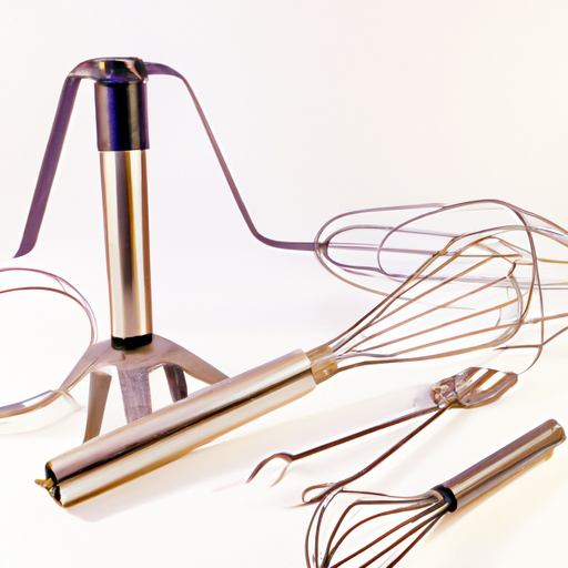 Various attachments for a standing mixer, including a dough hook, wire whisk, and paddle attachment.