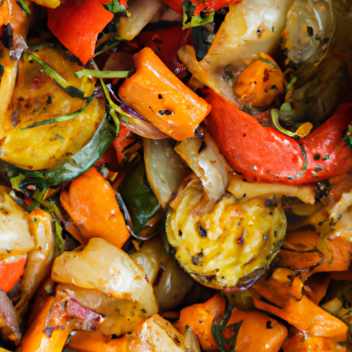 Colorful roasted vegetables with a sprinkle of sea salt and herbs.