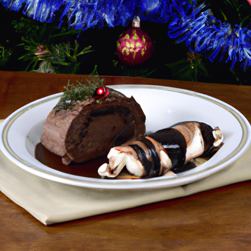 A slice of rich chocolate yule log and a bowl of traditional Christmas pudding with brandy sauce, garnished with festive decorations.