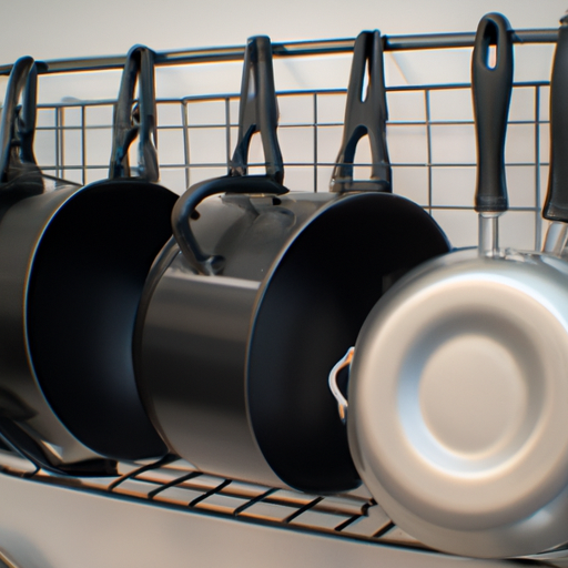 Organized and neatly stored cookware on a pot rack.